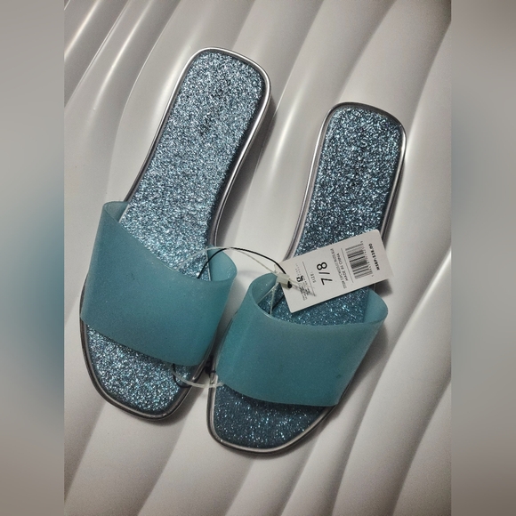 Shoes - Blue Glitter Slide Sandals